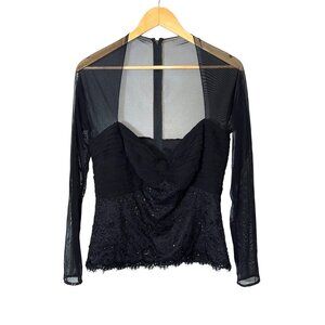 Tadashi Shoji Black Sheer Long Sleeve Top With Sequin Embellishments Size 14 WOm